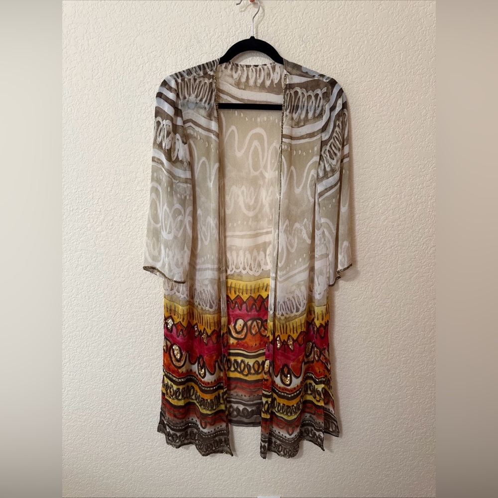 Beach Swimsuit‎ Cover Up Kaftan Colorful Red Brown Beaded Sequins Sz S Chiffon